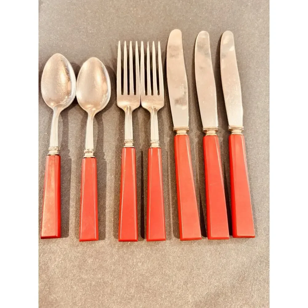 Vintage Red Bakelite Art Deco Flatware Silverware Stainless USA 7 Pcs Set